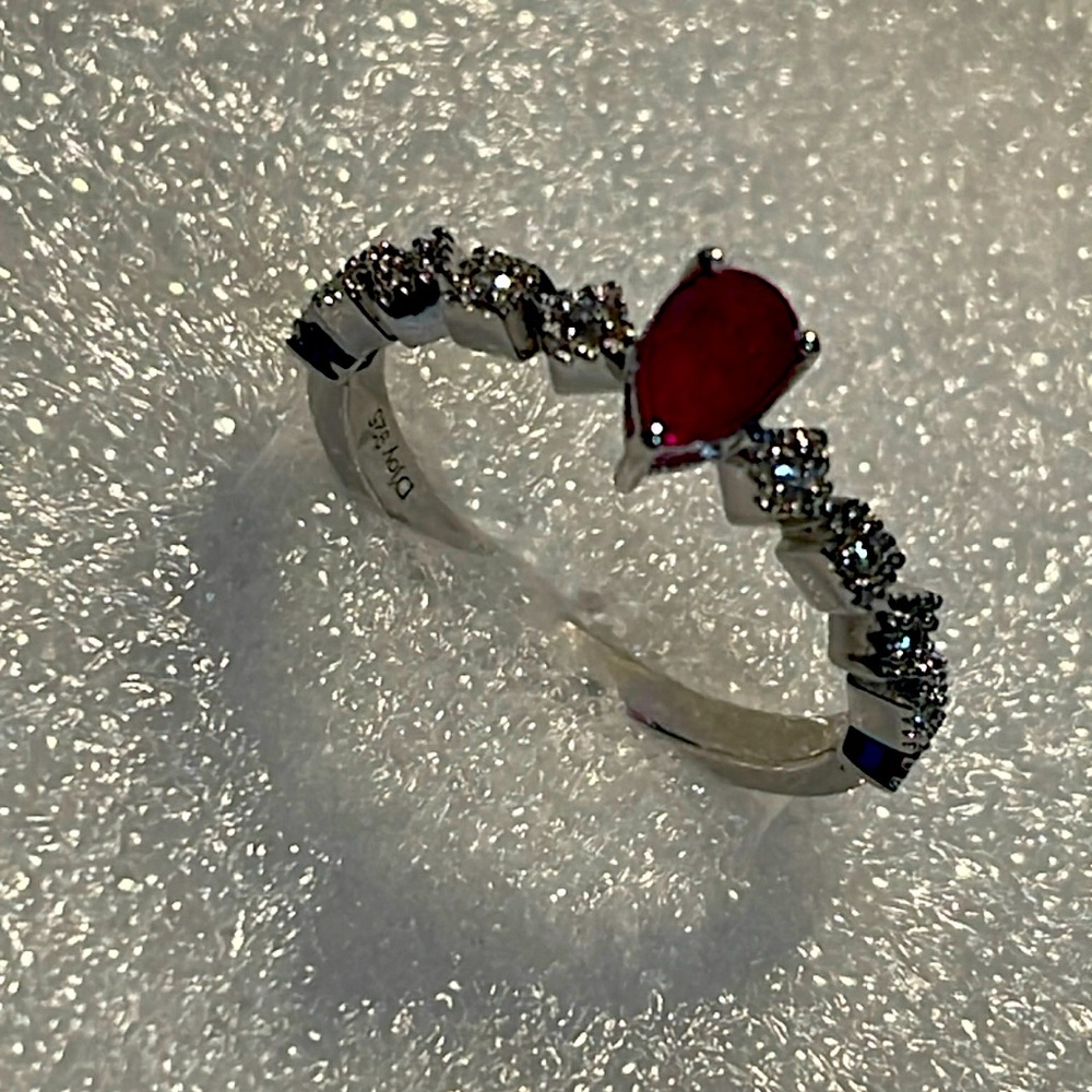 RING- Montepuez Ruby & White Zircon Art Deco in Rhodium over SSilver   0.65 ctw